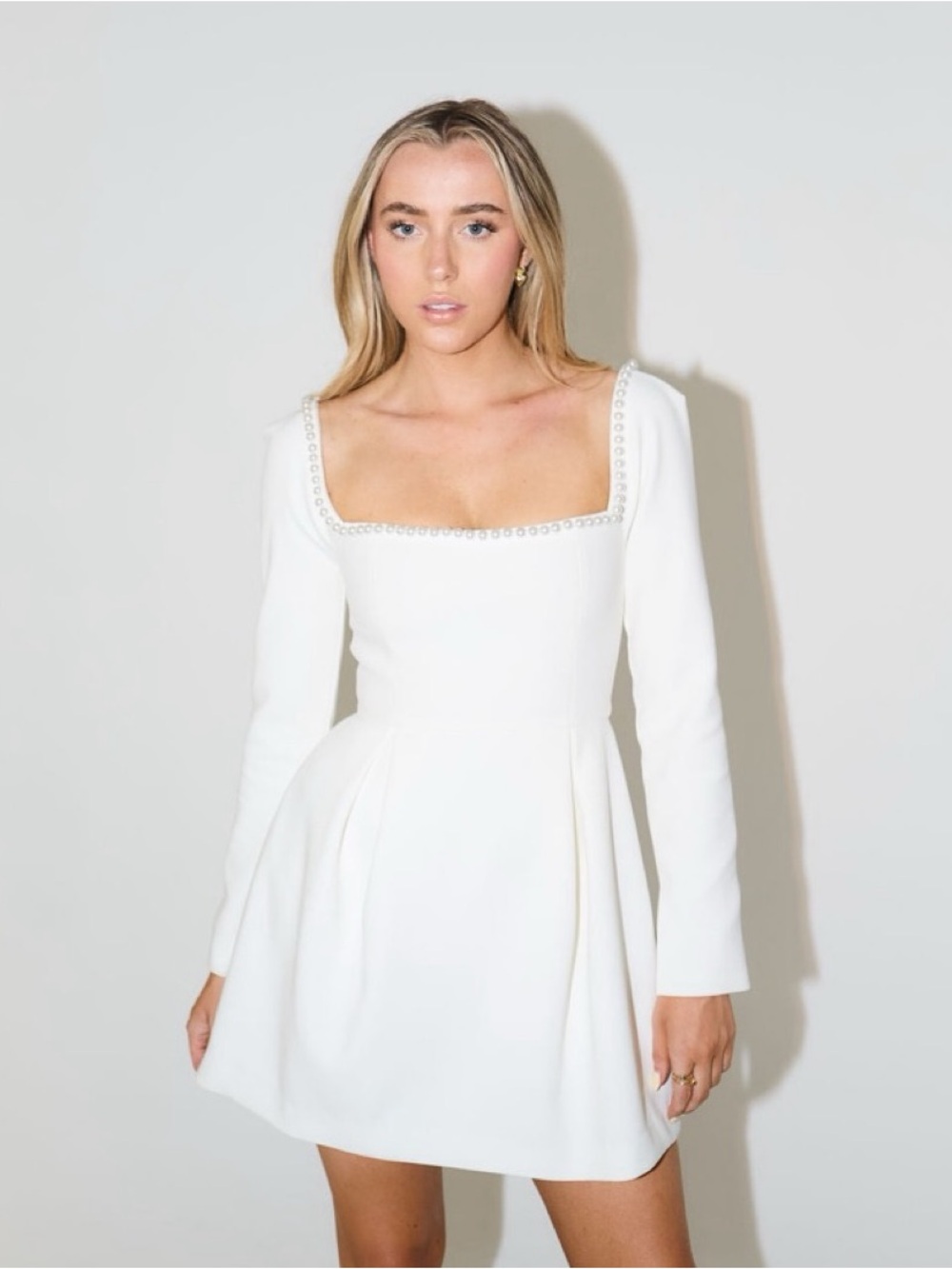 Square-Neck White Mini Dress with Pearl Trim